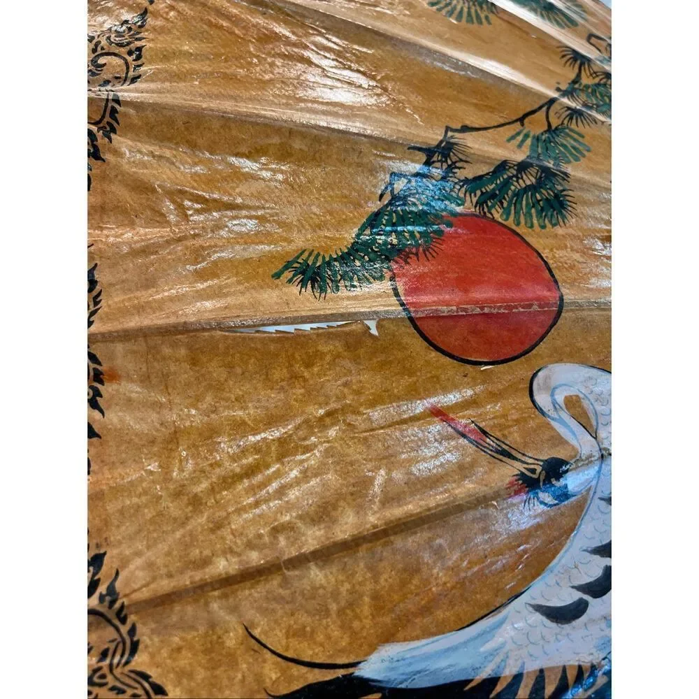 Vintage Asian Paper Parasol Umbrella Hand Painted Cranes Bamboo Japanese Style